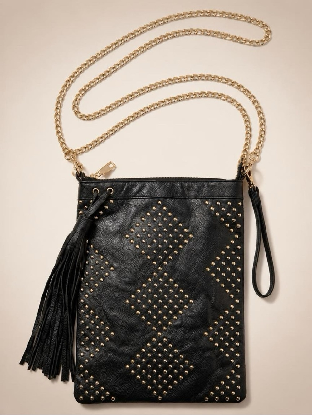 SHEVA Black Studded Vegan Leather Crossbody Bag Gold Chain Fringe Tassel